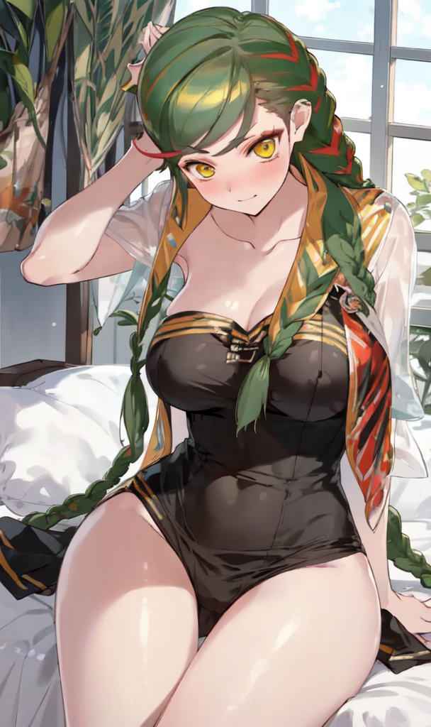 ai_generated big_breasts braided_hair clothed green_hair nutaku project_qt thick_thighs tiffany_(project_qt) yellow_eyes