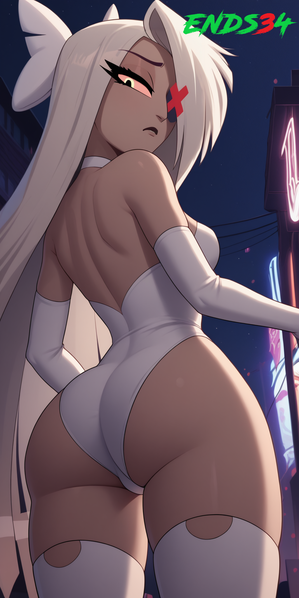 1girls ai_generated ass ass_focus dress dress_lift ends34 female female_only hazbin_hotel humanoid long_hair looking_back medium_breasts vaggie_(hazbin_hotel) white_hair