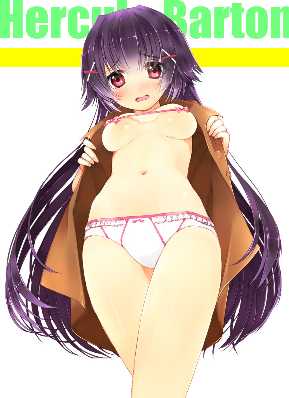 1girls beige_skin black_hair blush bow bow_panties breasts clothes color crossed_legs embarrassed female from_below hair hair_ornament hairclip hercule_barton highres long_hair navel open_clothes open_jacket panties purple_hair red_eyes solo standing tantei_opera_milky_holmes underboob underwear very_long_hair yadapot