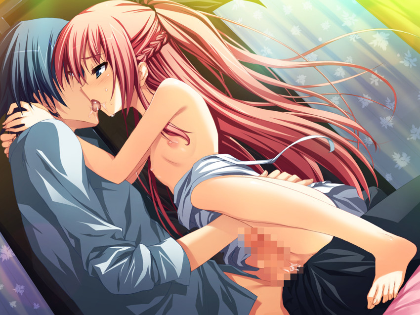 1boy 1girls akatsuki_no_goei asagiri_kaito barefoot blue_eyes breasts censored female game_cg highres kissing long_hair male nikaidou_reika nipples sex straddle straight toes tomose_shunsaku tongue