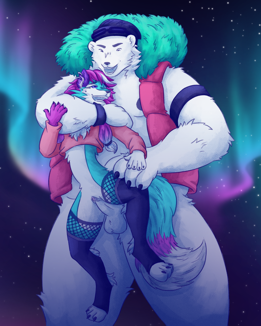 absurd_res ahe_gao anthro aurora_(phenomenon) balls bear blue_body blue_fur canid canine choke_hold chokehold clothing crop_top duo erection femboy fox from_behind_position fur fur_hood furry genitals hair hi_res just_dance just_okari legwear long_hair looking_pleasured male male/male male_penetrating mammal musclegut muscular nipple_slip open_mouth penetration penis pink_hair polar_bear purple_hair raised_leg sex shirt size_difference slim_female temperature_(just_dance) topwear ubisoft ursine vaginal_penetration white_body white_penis winter_coat