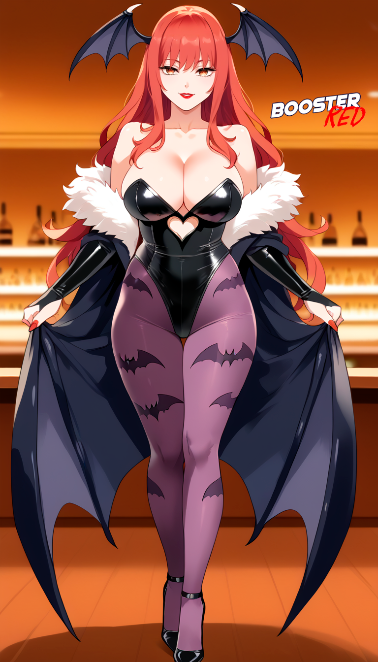 ai_generated animal_print bare_shoulders bat_print bat_wings blush boosterred99 breasts bridal_gauntlets chainsaw_man cleavage clothing_cutout collarbone cosplay darkstalkers demon_girl full_body head_wings heart_cutout high_heels large_breasts leaning_forward legs leotard long_hair looking_at_viewer low_wings makima_(chainsaw_man) mature_female milf morrigan_aensland pantyhose pony_diffusion_xl print_pantyhose purple_pantyhose red_hair seductive seductive_smile smile solo stable_diffusion succubus wings yellow_eyes