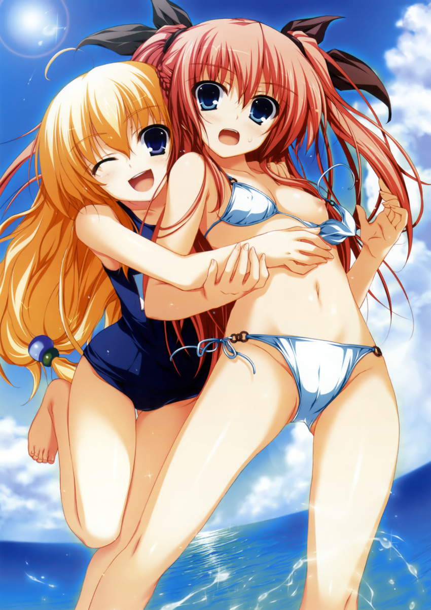 2girls akatsuki_no_goei assisted_exposure bikini bikini_malfunction blonde_hair blue_eyes blush breasts cameltoe cleavage enf female female_only high_resolution hug kurayashiki_tae long_hair multiple_girls navel nikaidou_reika nipples one-piece_swimsuit red_hair ribbon school_swimsuit swimsuit tied_hair tomose_shunsaku twintails wardrobe_malfunction water wink yuri