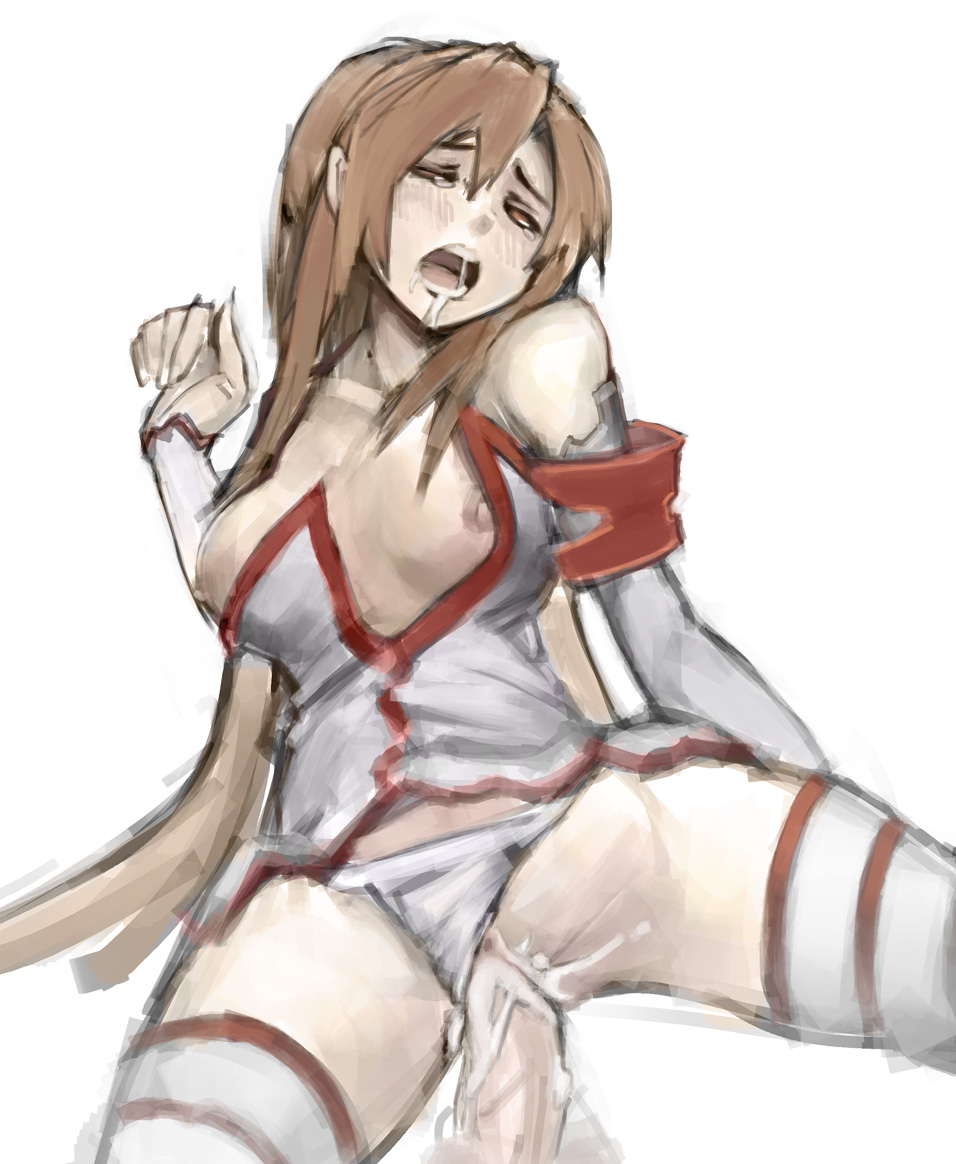 ahe_gao aincrad bare_shoulders breasts brown_hair closed_eyes clothed_sex clothing cum cum_in_pussy cum_inside detached_sleeves drooling female knights_of_the_blood large_breasts long_hair nipples open_mouth panties panties_aside penetration penis ponytail pussy riftgarret sex striped striped_legwear sword_art_online tears thighhighs uncensored underwear vaginal_penetration very_long_hair white_panties yuuki_asuna