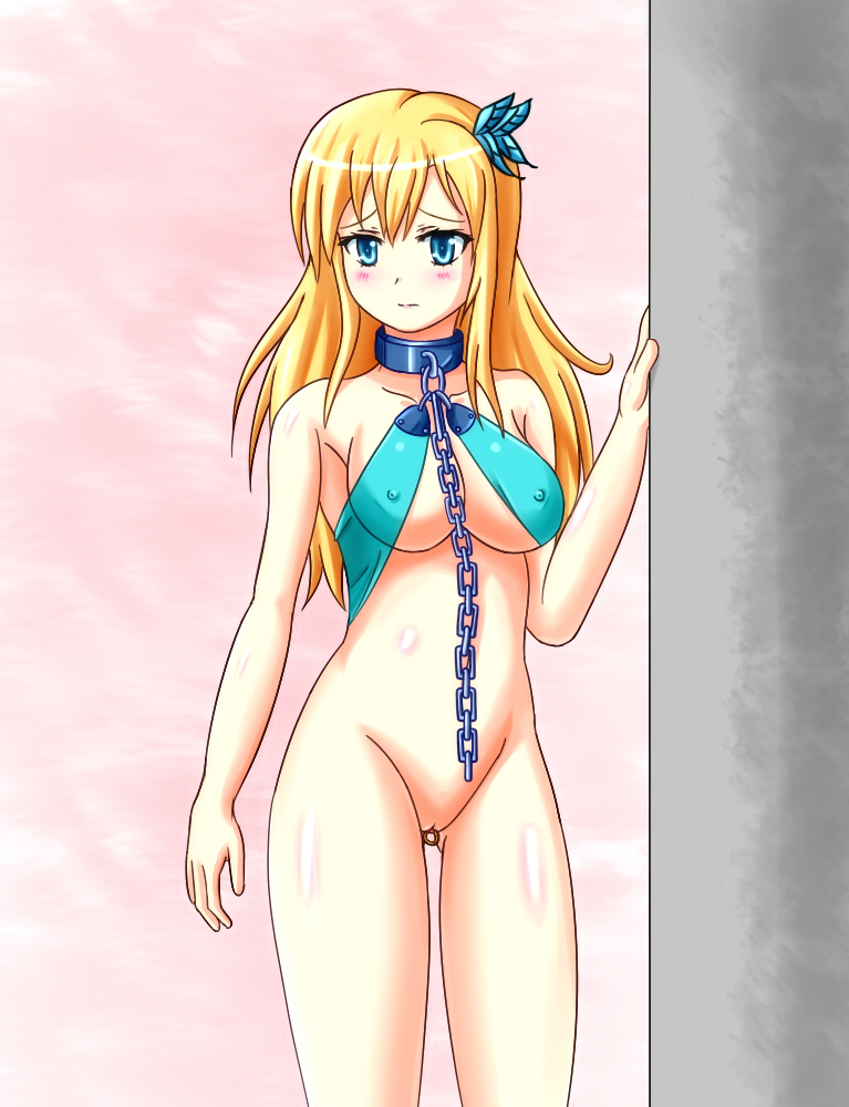 aveve blonde_hair blue_eyes blush boku_wa_tomodachi_ga_sukunai bondage bottomless breasts butterfly_hair_ornament clitoris clitoris_piercing collar erect_nipples female hair_ornament human leash long_hair piercing pussy sena_kashiwazaki smile solo standing uncensored