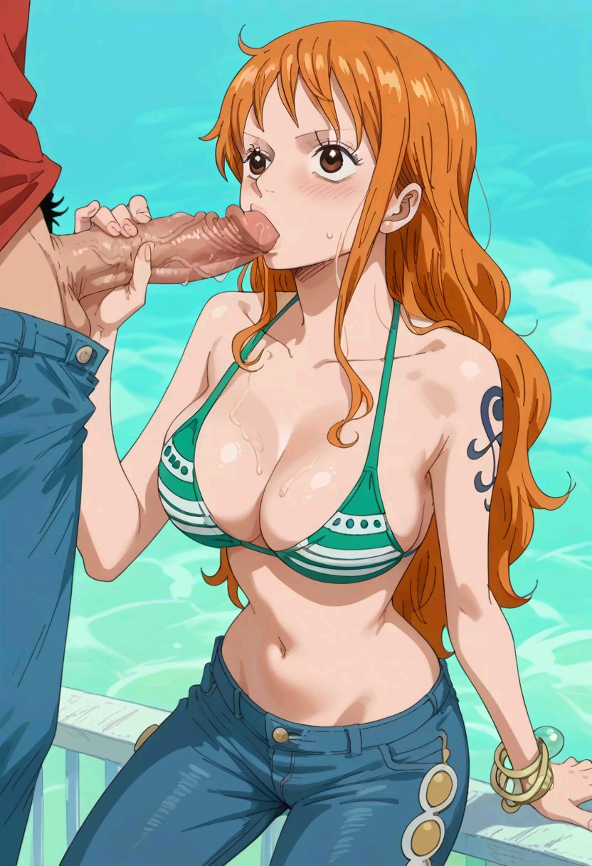 1boy 1girl ai_generated bikini bikini_top_only blue_pants blush bracelet breasts brown_eyes cleavage denim fellatio female green_bikini hetero jeans jewelry large_breasts long_hair male monkey_d_luffy nami nami_(one_piece) navel ocean one_piece oral orange_hair outdoors pants penis penis_grab shoulder_tattoo solo_focus swimsuit tattoo trewg001 uncensored veins veiny_penis water