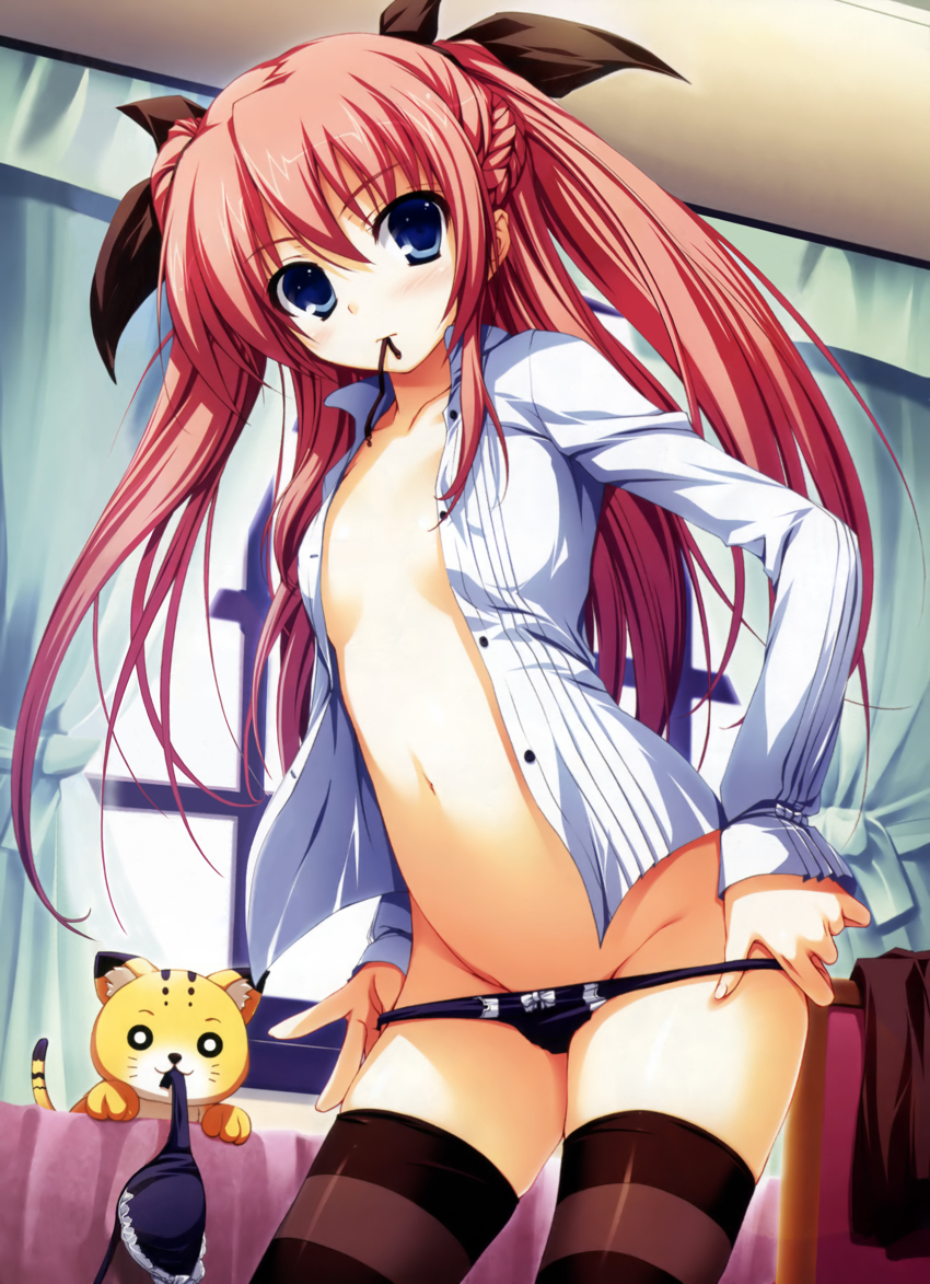 1girls akatsuki_no_goei blush feline female female_only high_resolution kanata_(akatsuki_no_goei) mouth_hold nikaidou_reika no_bra open_clothes open_shirt panties panty_pull solo thighhighs tomose_shunsaku underwear undressing