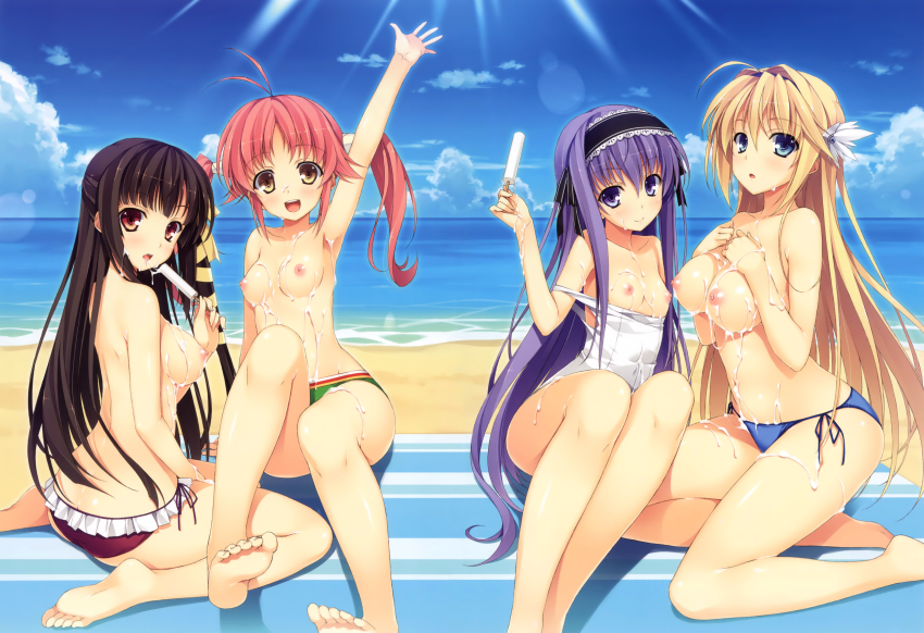 4girls antenna_hair arm_up armpits bare_legs bare_shoulders barefoot beach bikini bikini_bottom blonde_hair blue_eyes blue_sky breasts brown_hair elcia_harvence feet food food_on_body food_on_face fujimori_yuu hair_ornament hairband hands_on_own_chest high_resolution kazama_akari koikishi_purely_kiss lolita_headband long_hair looking_at_viewer multiple_girls nipples off_shoulder one-piece_swimsuit open_mouth parted_lips popsicle purple_eyes purple_hair red_eyes school_swimsuit sexually_suggestive shidou_mana side-tie_bikini sitting sky smile soles sunlight swimsuit tied_hair toes topless twintails wariza water white_school_swimsuit yokozuwari yuuki_hagure