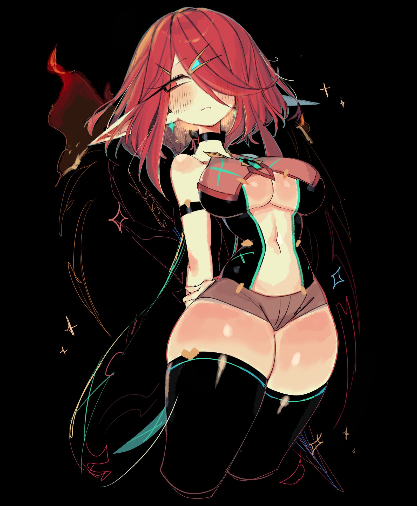 1girls, black background, breasts, cleavage, core crystal, female, female only, nintendo, pyra, solo, thick thighs, thighhighs, thighs, usa37107692, xenoblade (series), xenoblade chronicles 2