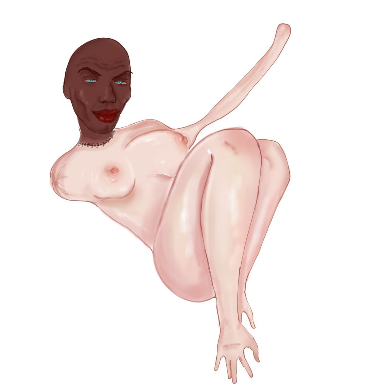 amputee beautiful big_breasts black_face blue_eyes disability fetish god_has_left_us lipstick looking_at_viewer meme missing_arm simple_background sole_female thighs white_background white_body