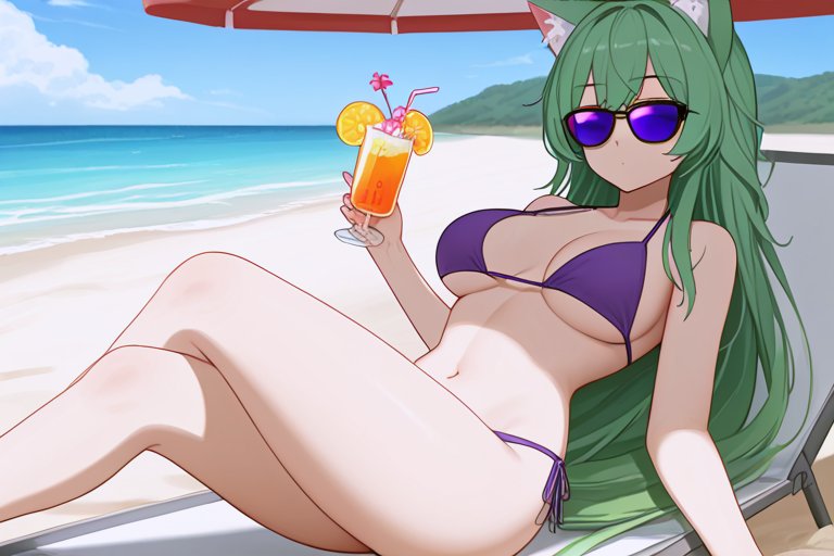 1girls ai_generated beach big_breasts bikini cat_ears cat_girl catgirl emerald_(flanofart) female flanofart green_hair purple_bikini solo solo_female sunglasses tagme