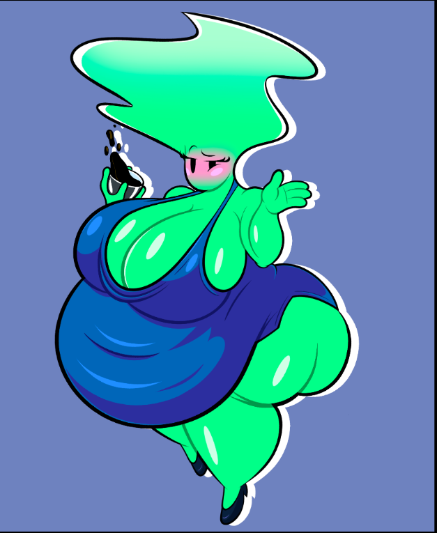 ass belly big_ass big_belly big_breasts blue_dress blush breasts ceeezahtheperson dress elemental_creature f&#039;lata_flare_(minusbrush) fat fire_girl green_body huge_belly looking_at_viewer minusbrush