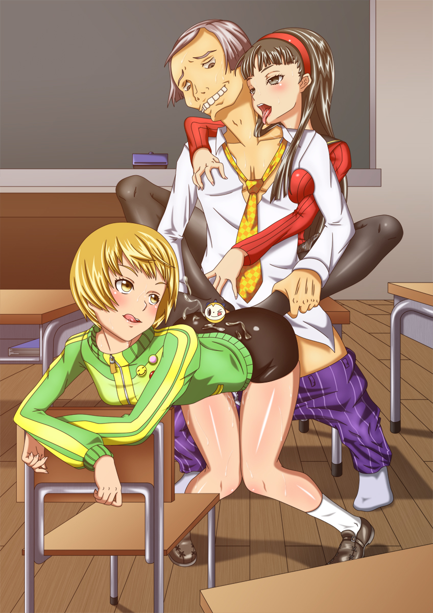 1boy 2girls amagi_yukiko bike_shorts buttjob feet footjob group_sex highres kuma_(persona_4) leg_lock morooka_kinshirou multiple_girls pants_down pantyhose persona persona_4 satonaka_chie sex teacher threesome ugly_man