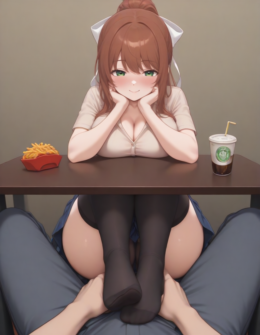 1boy 1girls ai_generated blush cleavage clothed coral_brown_hair date foot_fetish foot_on_crotch green_eyes hairbow large_breasts light-skinned_female male_pov monika_(doki_doki_literature_club) ponytail pov skirt thick_thighs thighhighs through_clothes under_the_table