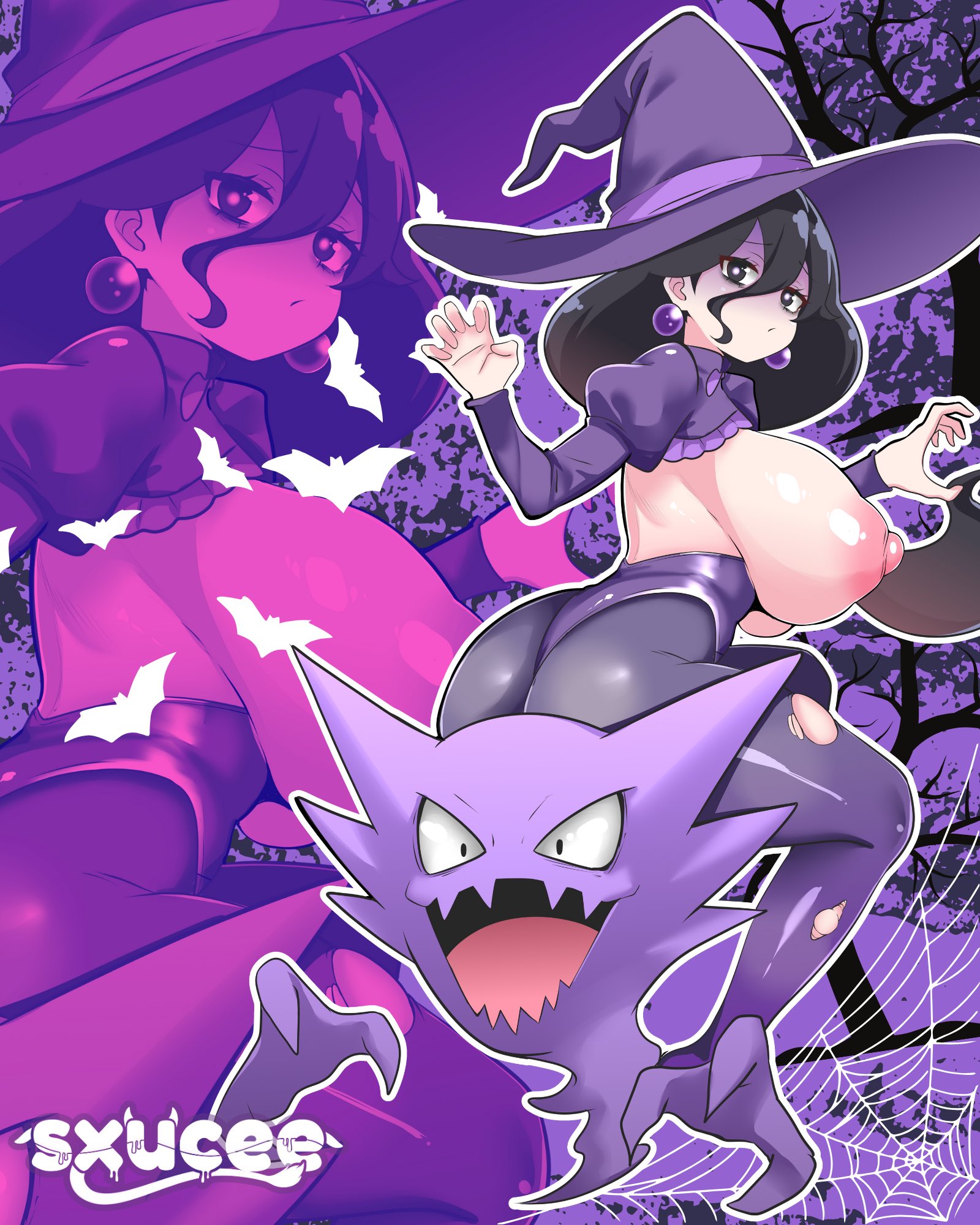 1girls, ass, big breasts, black hair, blush, breasts, dark hair, eyebrows, female, female only, game freak, hair ornament, haunter, hex maniac, hex maniac (pokemon legends: z-a), huge breasts, long hair, nervous, nintendo, occult maniac, occult maniac (z-a), pantyhose, pokemon, pokemon legends: z-a, purple background, purple eyes, purple theme, simple background, sxucee, witch costume, witch hat