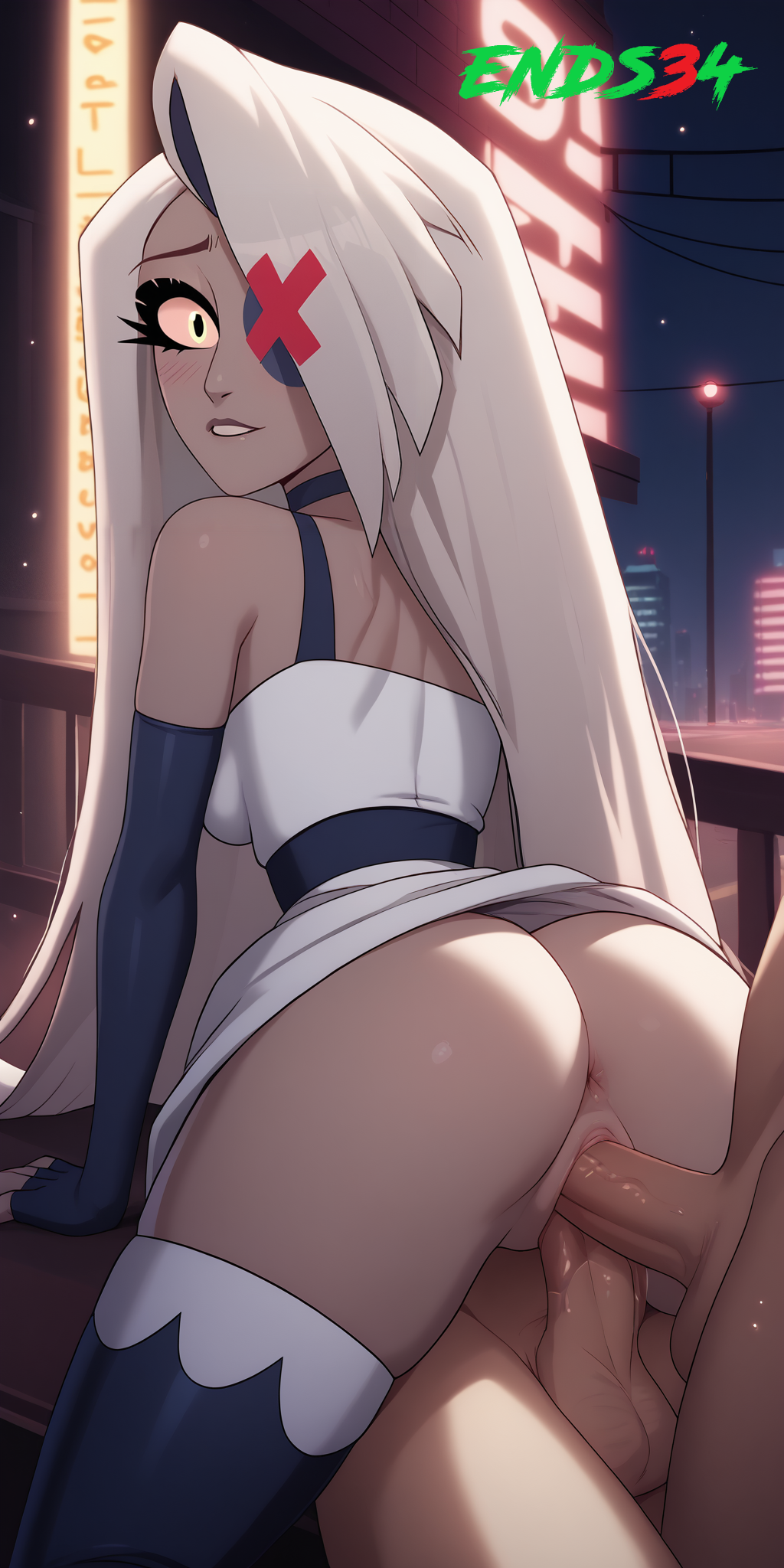 ai_generated double_penetration dress ends34 female hazbin_hotel long_hair sex sex_from_behind smile stockings vaggie_(hazbin_hotel) vaginal_penetration white_hair