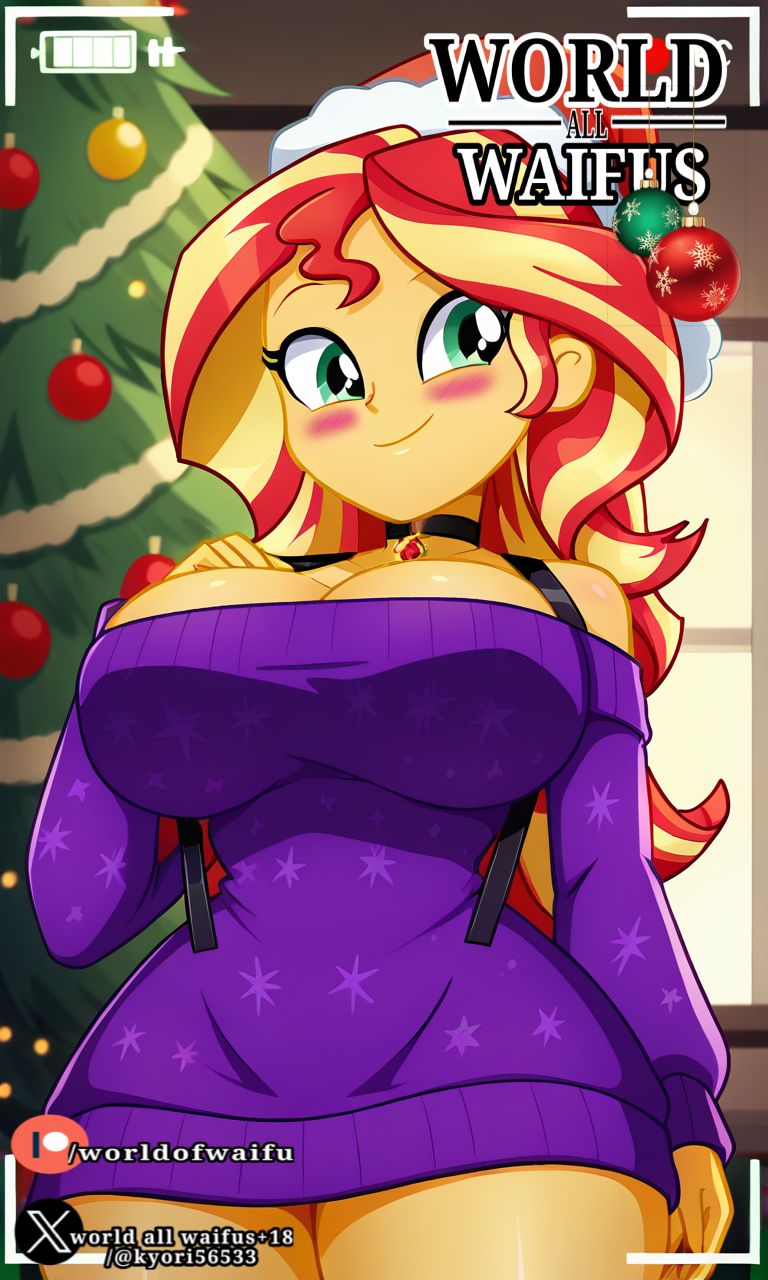 1girls big_breasts blush breasts christmas christmas_tree cleavage equestria_girls female female_only friendship_is_magic hasbro large_breasts looking_at_viewer mlp_g4 my_little_pony mylittlepony santa_claus santa_costume santa_hat solo solo_female sunset_shimmer sweater sweater_only thick_thighs