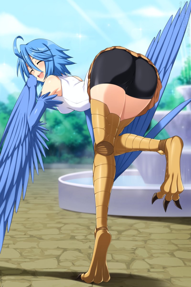 ahoge ass avian avian_feet avian_humanoid bent_over blue_hair closed_eyes feathered_wings feathers fully_clothed harpy harpy_girl lindaroze monster_girl monster_musume_no_iru_nichijou pale_skin papi_(monster_musume) pleated_skirt short_hair shorts skirt talons upskirt winged_arms wings