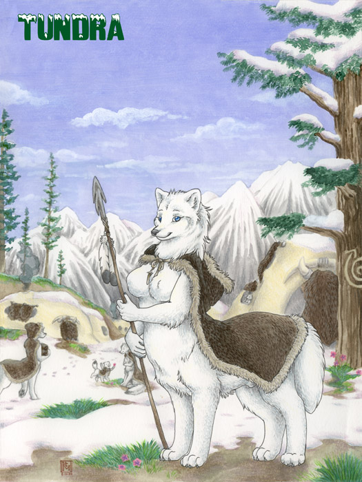 blue_eyes breasts carving color day detailed_background feathers flower fox_taur fur furry grass herm intersex jacket nude outdoors penis polearm smile snow spear spring standing taur tree tundra white_fur wolf_taur wood wood_carving