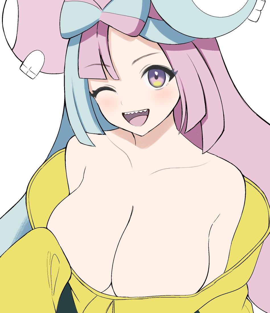 blush cyan_hair female hi_res huge_breasts iono_(pokemon) looking_at_viewer one_eye_closed open_mouth pink_hair pokemon pokemon_sv purple_eyes smile solo surippa1010 white_background