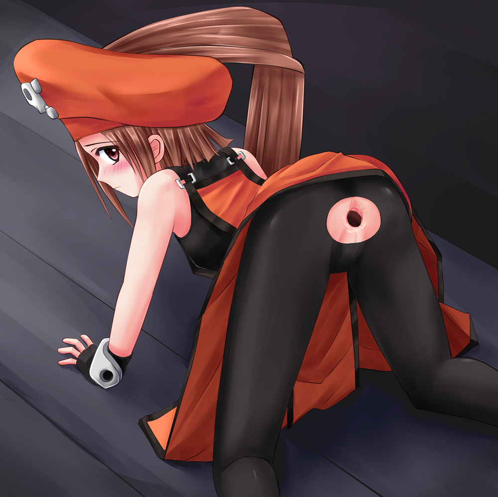 all_fours anal artist_request ass blush bodysuit brown_eyes brown_hair gape gaping guilty_gear hat may_(guilty_gear) pirate_hat ponytail torn_clothes yamaoka46