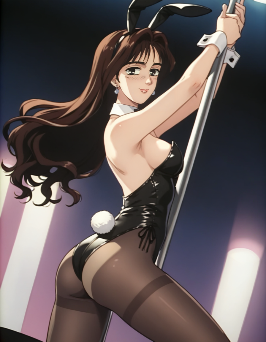 ai_generated ai_hands ass black_brown_hair black_eyes brown_hair bunny_ears cowboy_shot detached_collar dutch_angle earrings female from_behind highleg_leotard holding_pole initial_d leotard long_hair mako_sato medium_breasts pantyhose playboy_bunny pole pole_dancing satou_mako smile stripper_pole wrist_cuffs