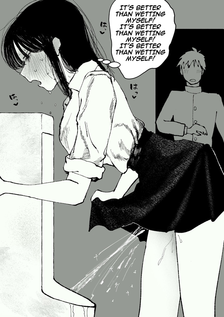 1boy, 1girls, big breasts, black hair, blush, breasts, caught, caught peeing, english text, female, female using urinal, hair, japanese text, kaimu 0720, long hair, male, open mouth, original, peeing, peeing in urinal, school uniform, skirt, skirt lift, skirt lifted by self, speech bubble, thighs, toilet, toilet use, urinal, urinal use
