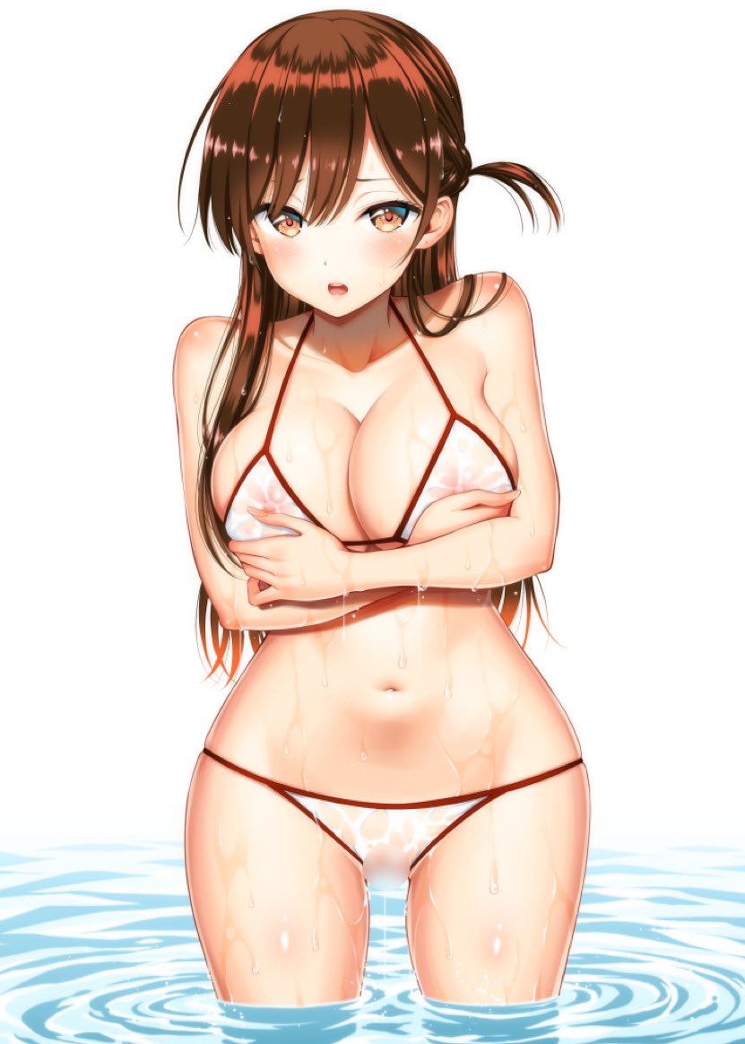 1girls bare_shoulders bikini blur_censor blush braid breasts brown_eyes brown_hair censored cleavage collarbone covered_erect_nipples covering_breasts cowboy_shot hands_on_own_breasts kanojo_okarishimasu large_breasts long_hair looking_at_viewer mizuhara_chizuru navel one_side_up open_mouth partially_submerged see-through see-through_clothing see-through_swimsuit simple_background solo standing string_bikini swimsuit thigh_gap water wet wet_clothes wet_swimsuit white_background white_bikini yahiro_pochi