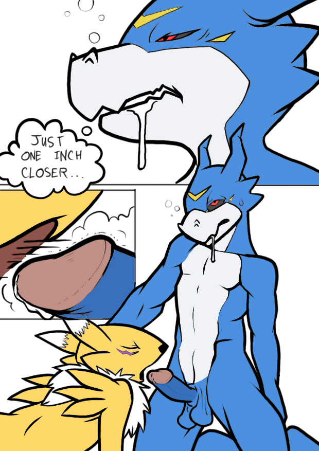 anthro balls blowing breathing canine chest_tuft comic digimon drooling fangs female flamedramon fox fur furry male nanogrrr nostrils nude penis plain_background red_eyes renamon saliva scalie video_games white_background