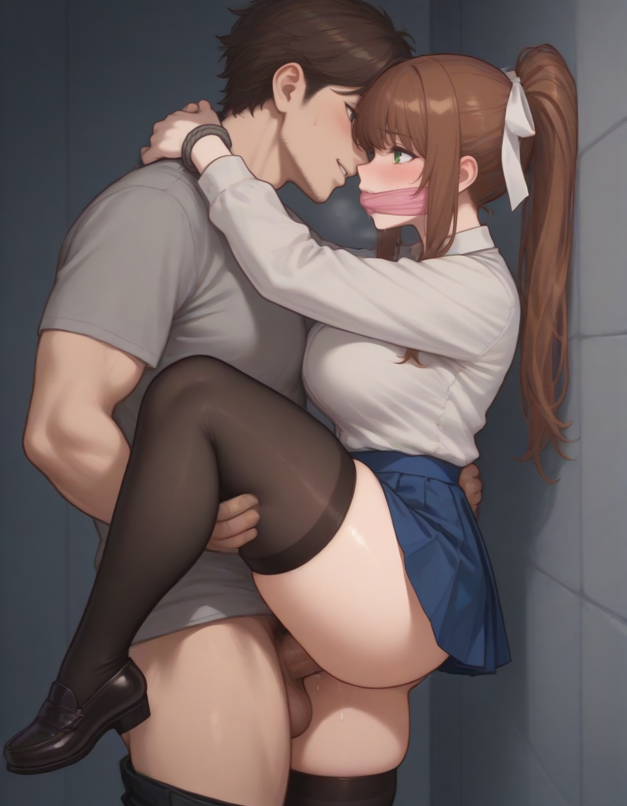 1boy 1girls against_wall ai_generated blouse bondage clothed clothed_sex coral_brown_hair gag gagged green_eyes hairbow light-skinned_female light-skinned_male monika_(doki_doki_literature_club) one_leg_up ponytail questionable_consent restrained sex skirt straight thick_thighs thighhighs