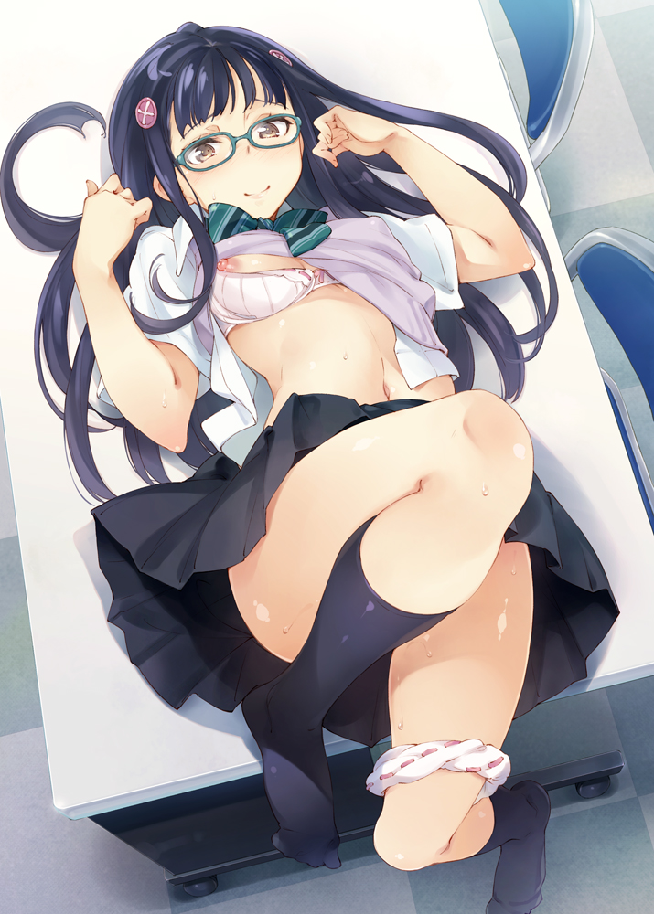 1girls areola_slip black_hair black_socks bra breasts_out brown_eyes clothes_lift covered_erect_nipples danshi_koukousei_de_urekko_light_novel_sakka_wo_shiteiru_keredo_toshishita_no_classmate_de_seiyuu_no_onna_no_ko_ni_kubi_wo_shimerareteiru feet female_focus glasses green-framed_eyewear hair_ornament inato_serere knee_up kneehighs long_hair looking_at_viewer lying navel nipple_slip nipples nitadori_eiri no_shoes on_back on_table open_clothes panties panties_around_leg partially_undressed pink_bra skirt small_breasts smile socks solo sweat sweater sweater_lift table underwear