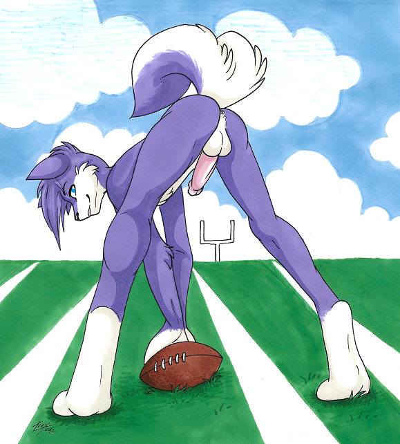 -trey- anthro ass bent canine exhibitionism field football fur furry husky male male_only nude pkay solo stadium