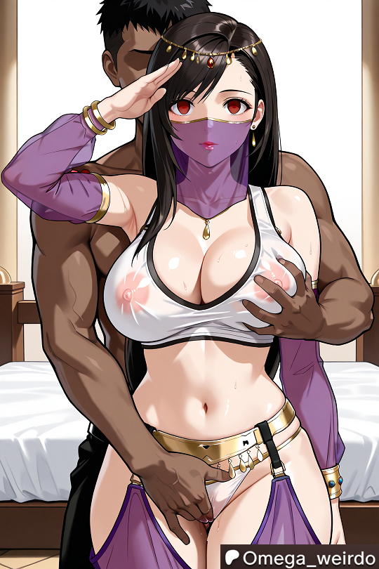1girl1boy ai_generated bed bedroom big_breasts black_hair breast_grab dancer dancer_outfit dark_skinned_male earrings emotionless emotionless_female empty_eyes faceless_male female final_fantasy final_fantasy_vii final_fantasy_vii_remake fingering fingering_pussy grabbing grabbing_another&#039;s_breast grabbing_breasts grabbing_from_behind harem_girl harem_outfit headwear huge_breasts indoors long_hair looking_at_viewer midriff mouth_veil muscular_male no_pupils omega_weirdo patreon red_eyes salute slave slavegirl tifa_lockhart veil