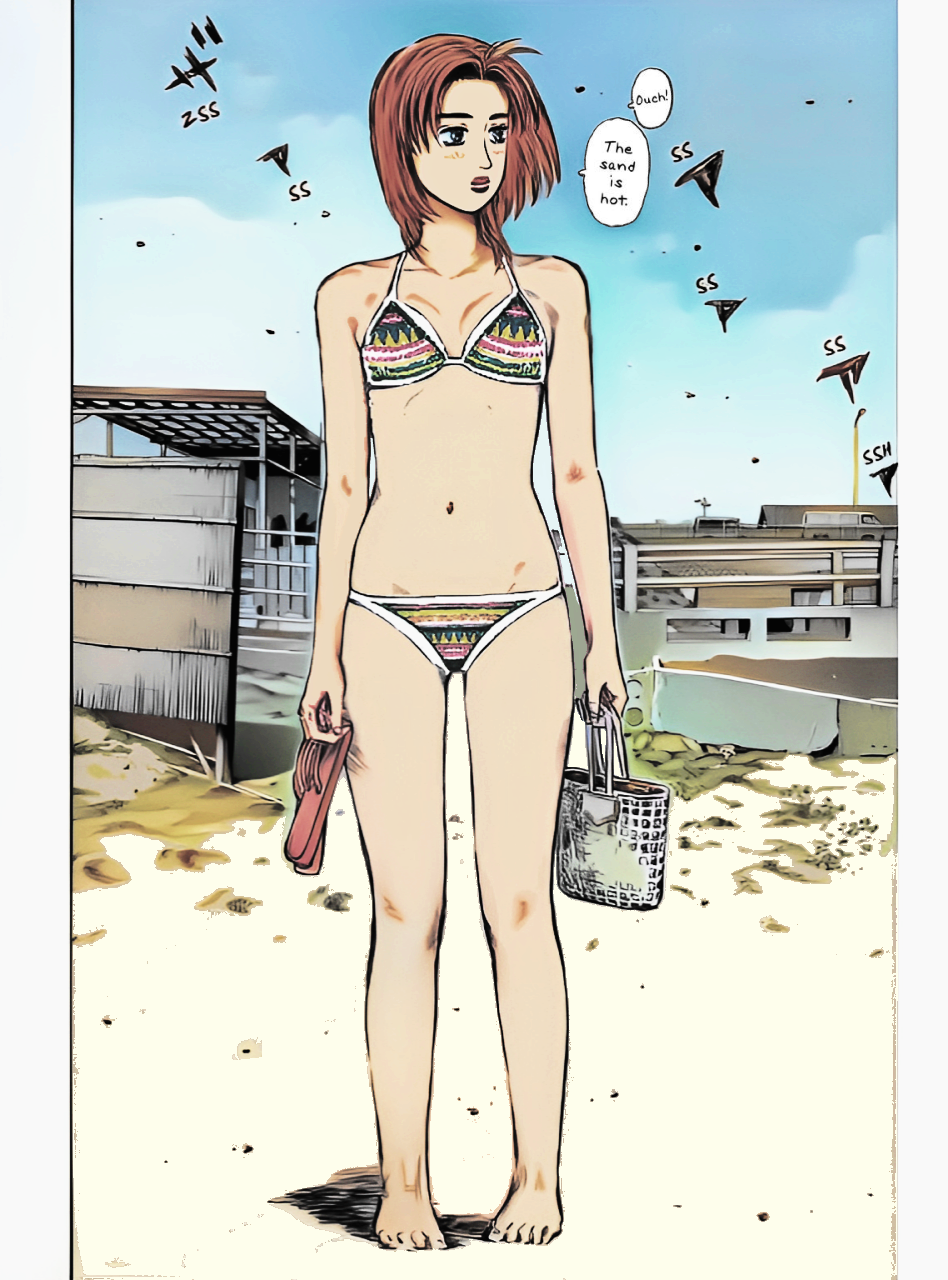 bag bare_arms bare_legs bare_shoulders barefoot beach bikini breasts brown_hair cleavage colorized comic feet female highres initial_d manga_page medium_breasts midriff mika_uehara navel panties sand shigeno_shuuichi short_hair slippers speech_bubble standing swimsuit uehara_mika underwear water