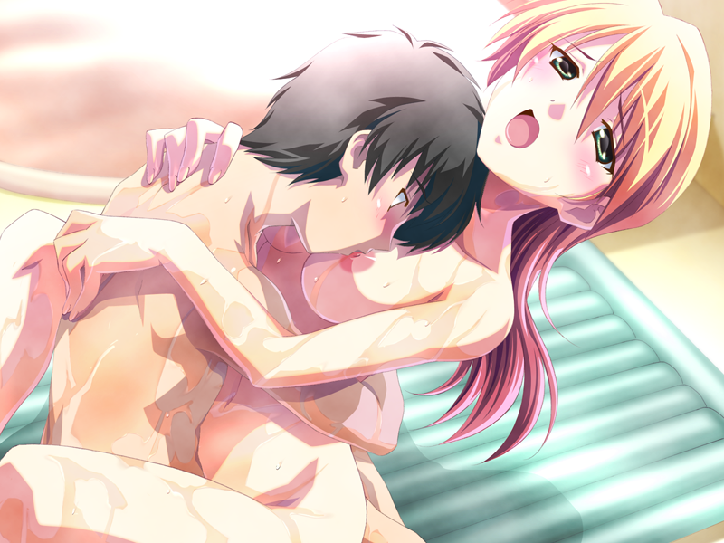 1boy blush breast_sucking breasts completely_nude curtains female game_cg green_eyes hug ichinose_kyou imitation_lover izumi_mahiru kurusu_itsuki large_breasts medium_hair nude open_mouth orange_hair sex sitting straddling straight upright_straddle