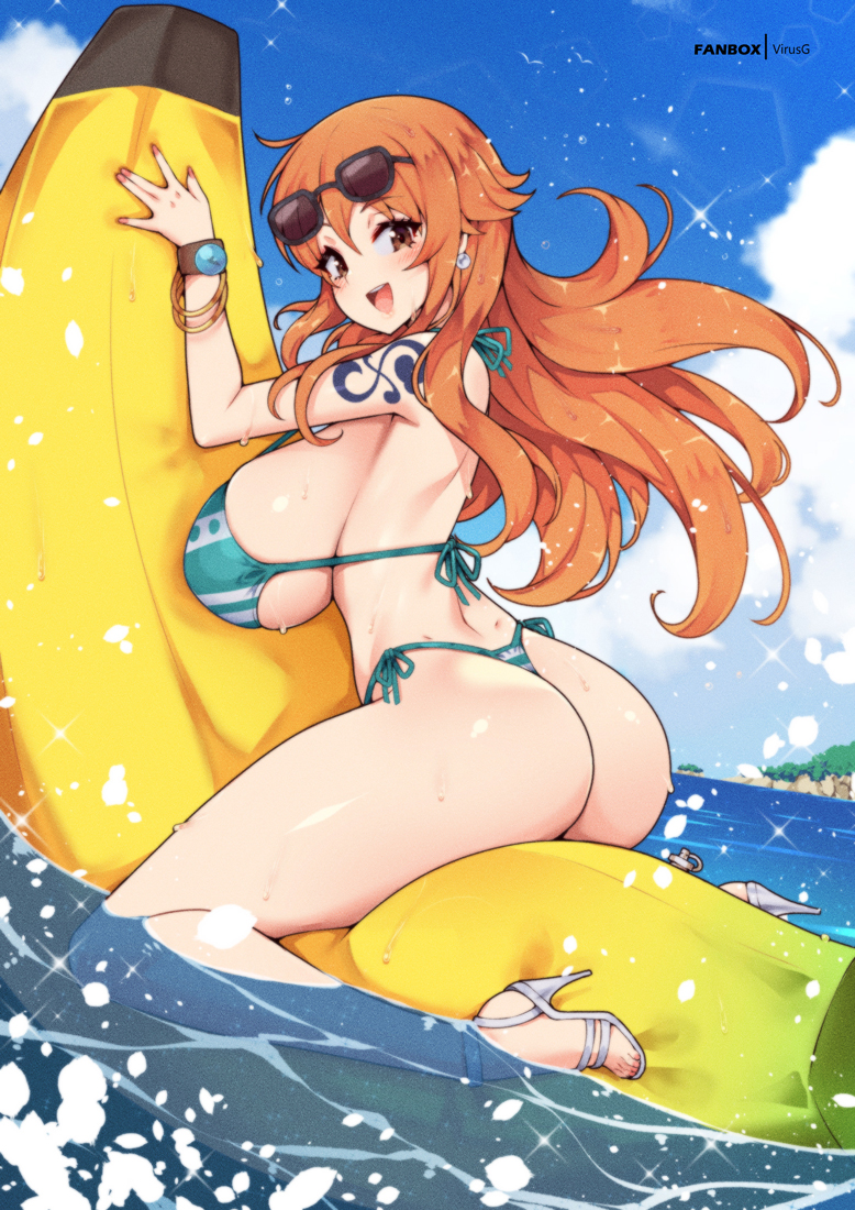 1girls :d afloat artist_name ass banana bikini blush breasts brown_eyes commission earrings female female_only green_bikini high_heels huge_breasts long_hair looking_at_viewer nami nami_(one_piece) one_piece open_mouth orange_hair outdoors sexually_suggestive side-tie_bikini sideboob sky smile solo sparkles straddling sunglasses sunglasses_on_head sweat swimsuit tattoo very_long_hair virus-g water