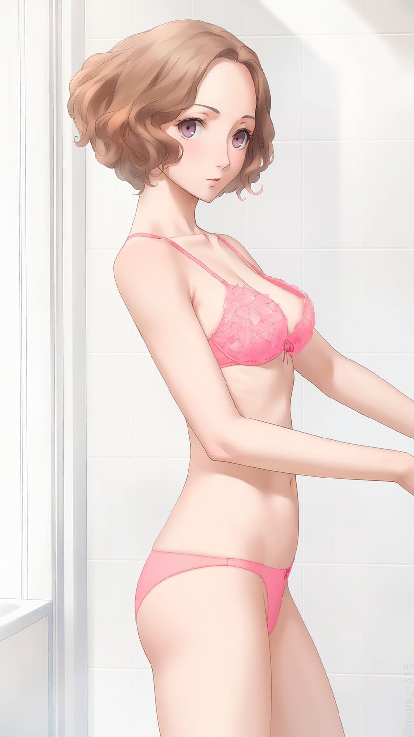 changing getting_dressed haru_okumura lingerie lingerie_only looking_at_viewer miura-n315 nipples persona_5 pink_hair purple_eyes