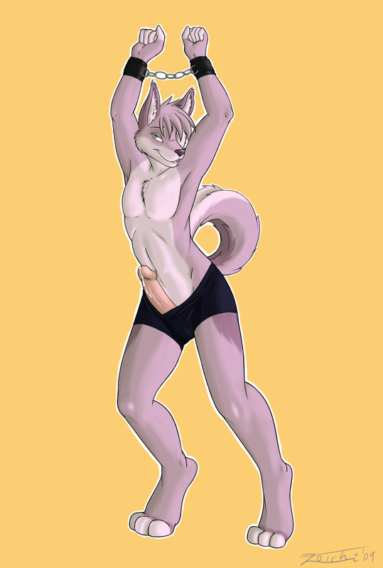 anthro briefs canine cuffed cuffs fur furry husky male male_only penis pinup pkay purple solo underwear