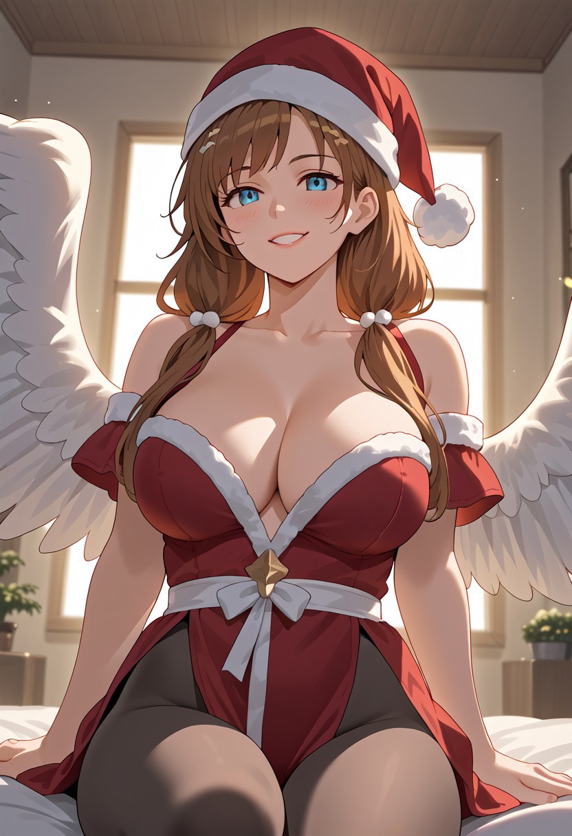 ai_anatomy ai_generated angel_wings blue_eyes brown_hair christmas christmas_outfit female female_only granblue_fantasy large_breasts low_twintails raziel_(granblue_fantasy) red_dress thick_thighs twintails wings