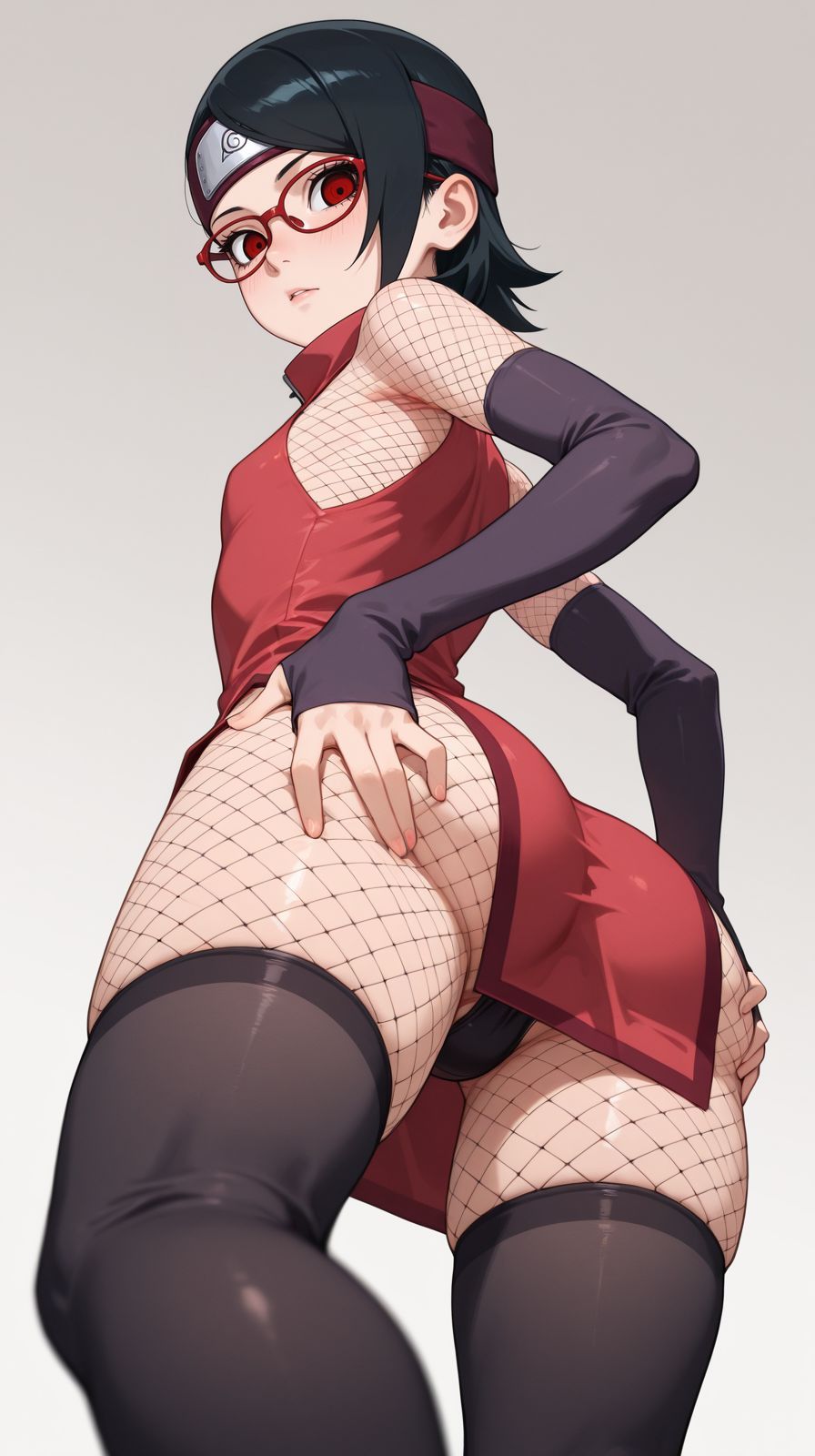 1girls, ai generated, boruto: naruto next generations, clothed, clothed female, female, female only, messy hair, naruto, naruto (series), pussy, red eyes, sarada uchiha, sharingan, showing ass, showing off, showing pussy, teenage female, teenager, uchiha sarada