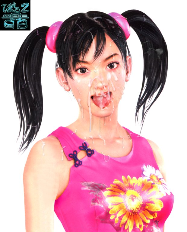 3d cum cum_edit cum_in_hair cum_on_chest cum_on_clothes cum_on_face cum_on_tongue dress edit facial happy ling_xiaoyu official_art official_artwork_edit open_mouth pink_dress smile solo sunflower_dress tekken tekken_4 tied_hair twintails