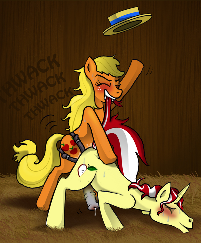 anal anal_sex applejack_(mlp) blush cutie_mark dildo domination equine female femdom flim_(mlp) friendship_is_magic green_eyes hat hay horn horse horsecock male male_penetrated my_little_pony pegging penetration penis plain_background pony precum sex_toy straight_hair strapon susiebeeca sweat tail_pull unicorn