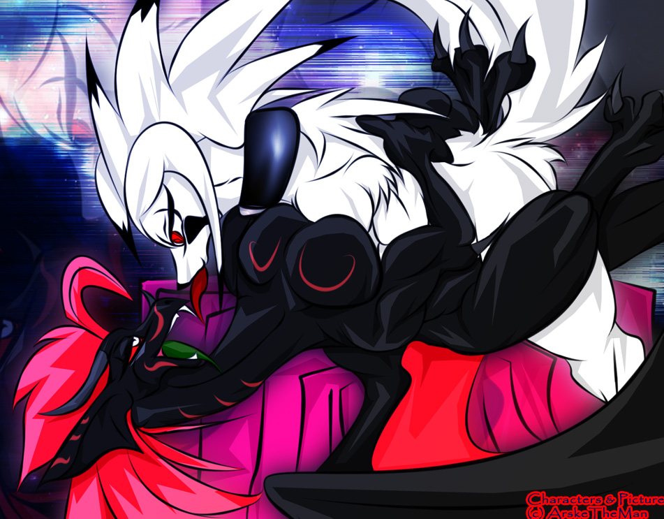 anthro arskatheman black breasts canine claws collar dragon female fur furry horn male red_eyes scalie sex teeth tongue white_fur