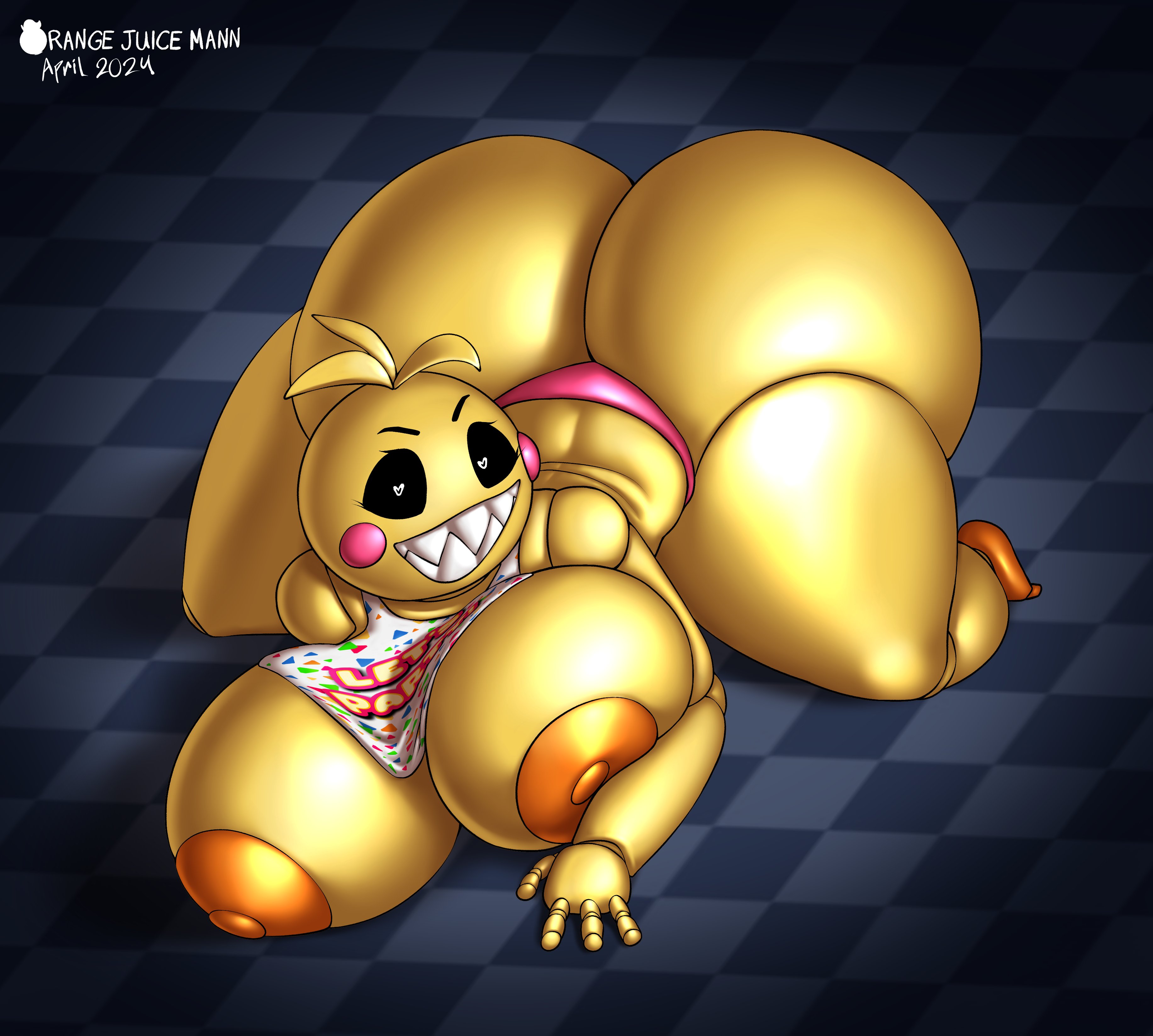 1girls, ass, ass bigger than head, black sclera, bottomwear, breasts, breasts bigger than head, casual, casual nudity, female, female only, five nights at freddy's, five nights at freddy's 2, heart-shaped pupils, huge ass, huge breasts, ineffective clothing, nipples, orangejuicemann, public, public nudity, sideass, solo, tagme, teasing, topless, toy chica (fnaf), yellow body