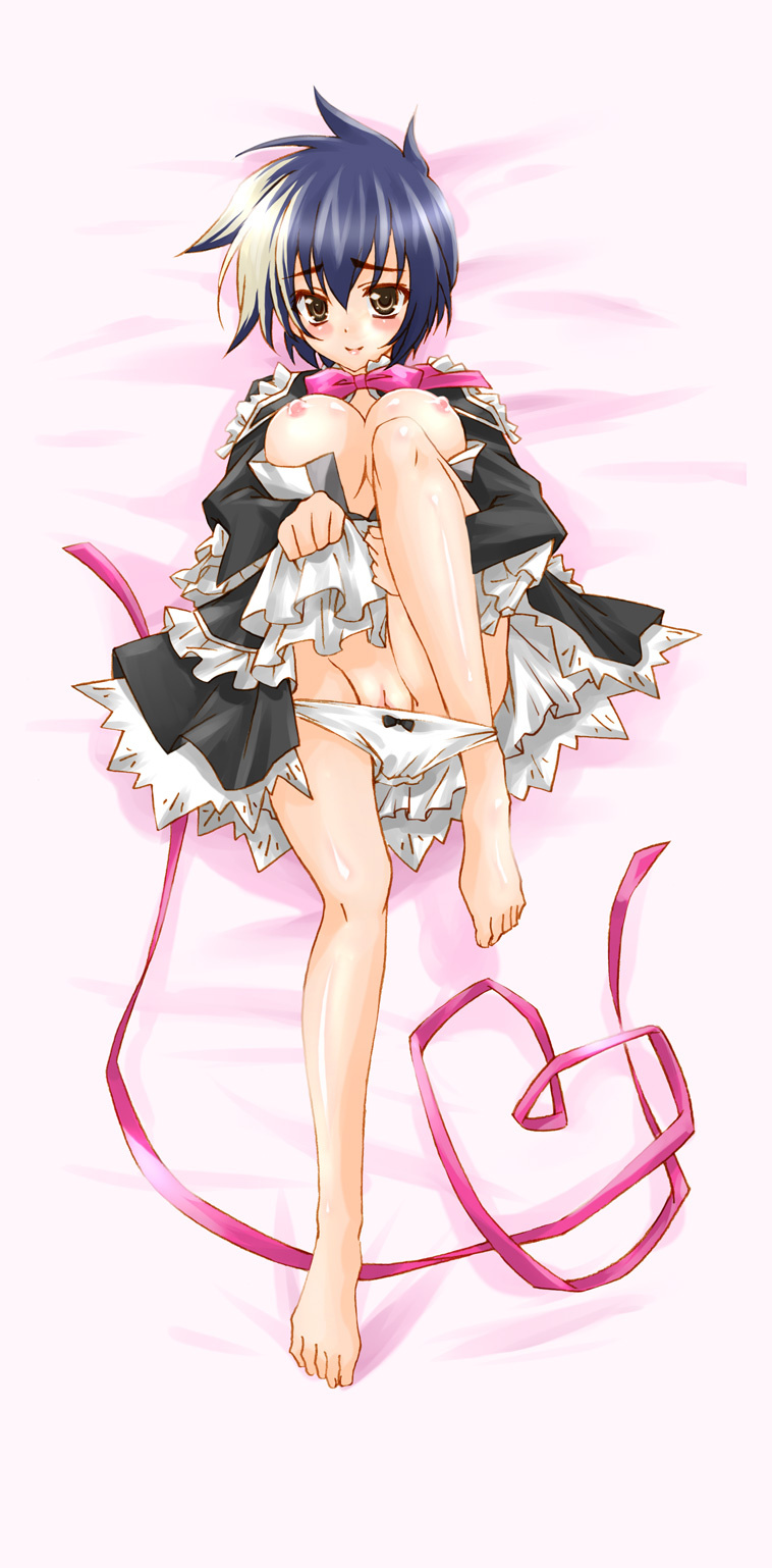 barefoot blue_hair blush bow bow_panties brown_eyes dakimakura dress frilled_dress frills gien_bunchou heart highres koihime†_(series) koihime_musou mali multicolored_hair panties panty_pull smile two_tone_hair underwear white_hair white_panties