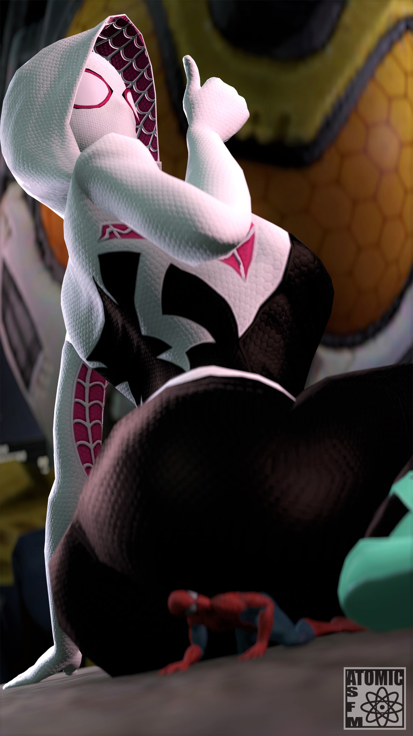 1boy, 2girls, 3d, 3d (artwork), ass, atomicsfm, big ass, big butt, butt crush, buttcrush, disney, female, ghost-spider, giantess, gwen stacy, height difference, hero, heroine, larger female, male, male/female, marvel, marvel comics, mask, masked, peter parker, size difference, smaller male, sony, spider-gwen, spider-man, spider-man (series), spider-man: into the spider-verse, straight, superhero, superhero costume, superheroine