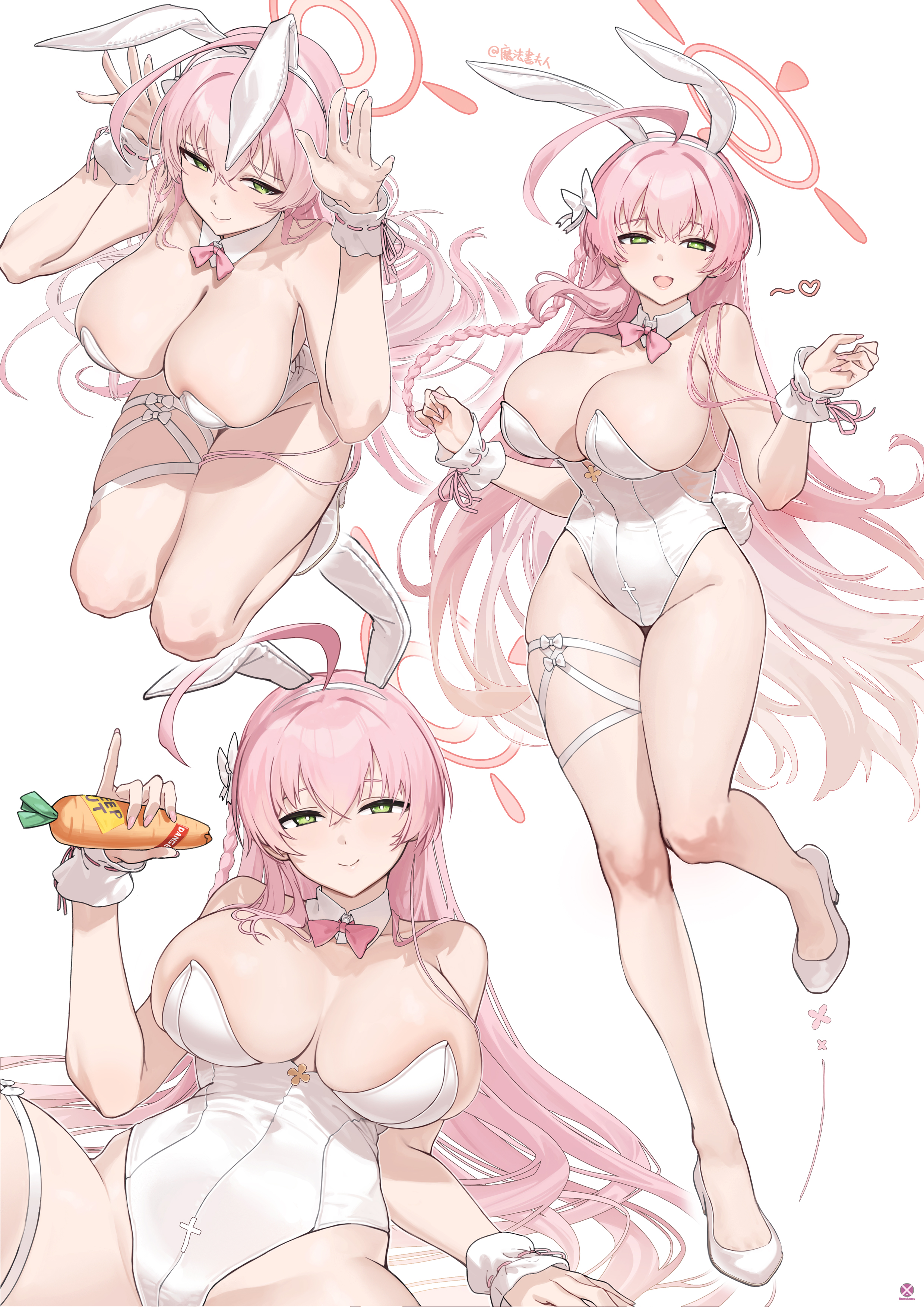 absurdres, alternate costume, animal ears, bare shoulders, blue archive, blush, bow, bowtie, breasts, carrot, cleavage, closed mouth, covered navel, detached collar, fake animal ears, female, fingernails, food, full body, green eyes, hair between eyes, halo, hanako (blue archive), heart, high heels, highleg, highleg leotard, highres, holding, holding food, holding vegetable, large breasts, leotard, long hair, looking at viewer, mahousho, make-up work club (blue archive), multiple views, open mouth, pink hair, pink halo, playboy bunny, rabbit ears, signature, simple background, smile, strapless, strapless leotard, trinity general school student, vegetable, white background, white footwear, white leotard, wrist cuffs