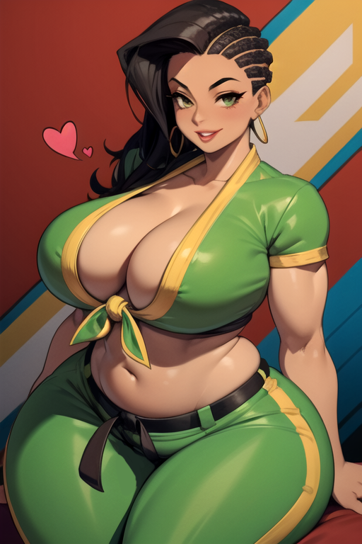 1girls ai_generated bbw big_breasts boob_window brazilian brazilian_female cleavage daidouji_(artist) daidoujipv female green_eyes laura_matsuda long_hair looking_at_viewer solo street_fighter the_brazilian_mommy thick_thighs thighs