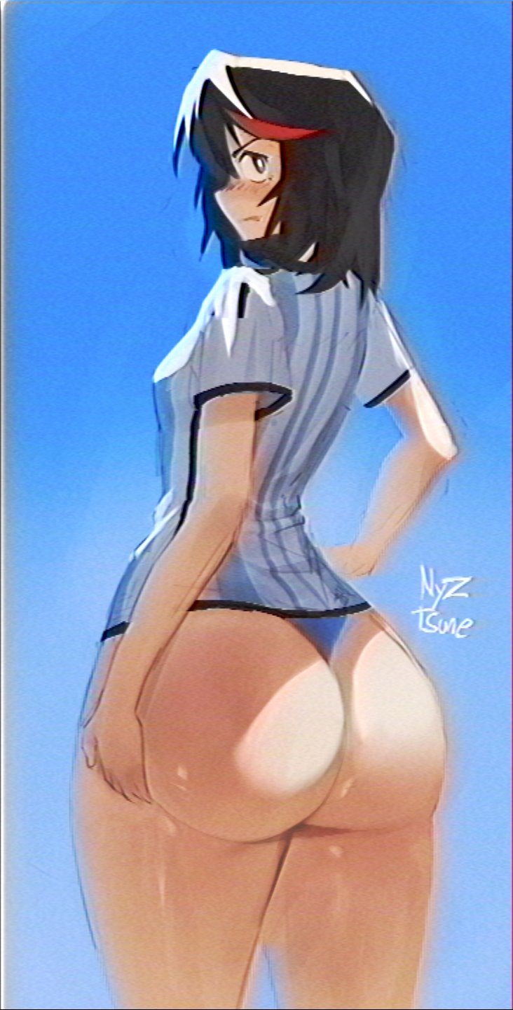 1girls adult_swim argentina big_ass black_hair bubble_butt female female_only half-dressed hand_on_butt huge_ass human kill_la_kill looking_at_viewer looking_back matoi_ryuuko nyztsune panties round_ass solo t-shirt toonami