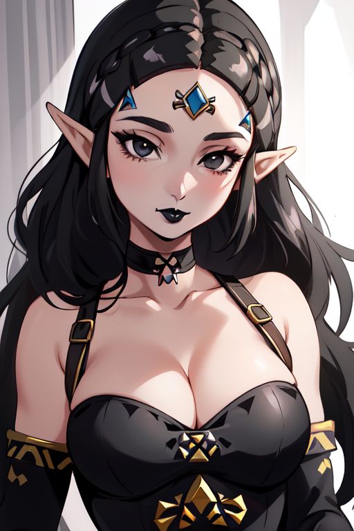 1girls ai_generated black_choker black_dress black_eyebrows black_hair black_lipstick choker cleavage dark_zelda_(splatodyssey) dress elf_ears female_only gem gem_on_forehead goth goth_elf goth_girl lipstick looking_at_viewer matching_hair/eyes nintendo perchance_ai pointy_ears princess_zelda solo splatodyssey the_legend_of_zelda